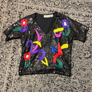 Fabulous Vibrant Vintage silk and rayon multicolor sequin V-Neck Top